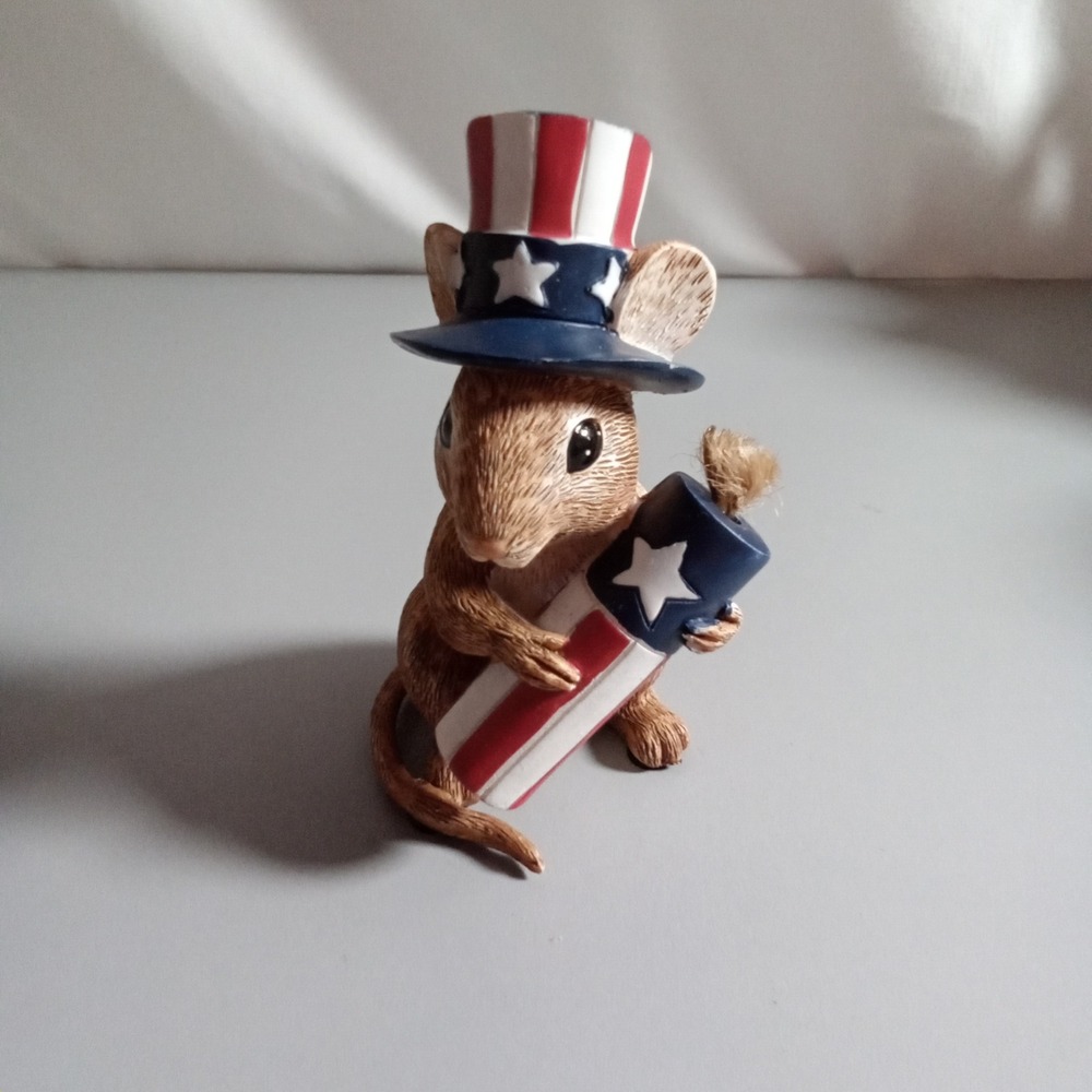 Patriotic Mouse Figurine Uncle Sam Hat Firecracker Red White Blue 3.5 Inch